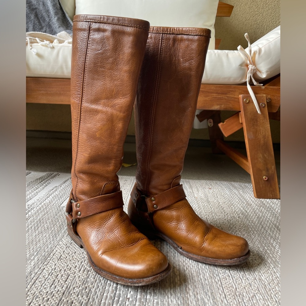 The Frye Phillip Harness Tall boots in Cognac